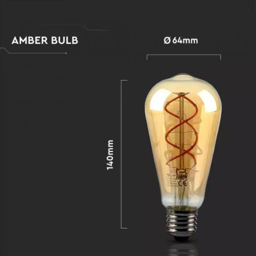 E27 5W(300Lm) LED Spuldze Filament AMBER, ST64, V-TAC, silti balta gaisma 2200K