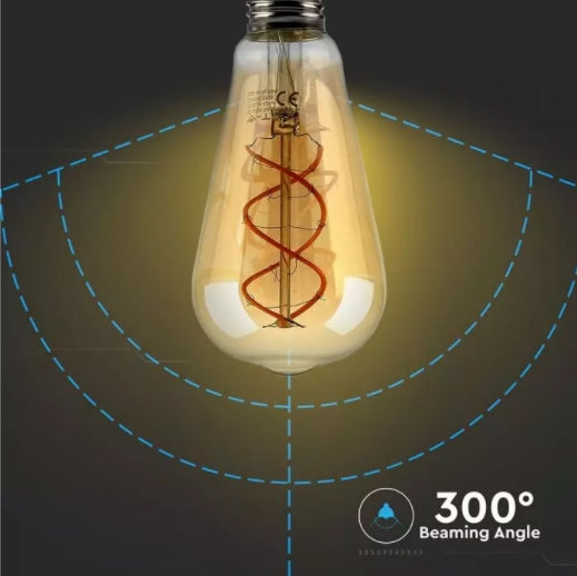 E27 5W(300Lm) LED Spuldze Filament AMBER, ST64, V-TAC, silti balta gaisma 2200K