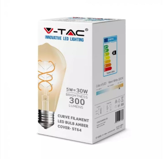 E27 5W(300Lm) LED Spuldze Filament AMBER, ST64, V-TAC, silti balta gaisma 2200K