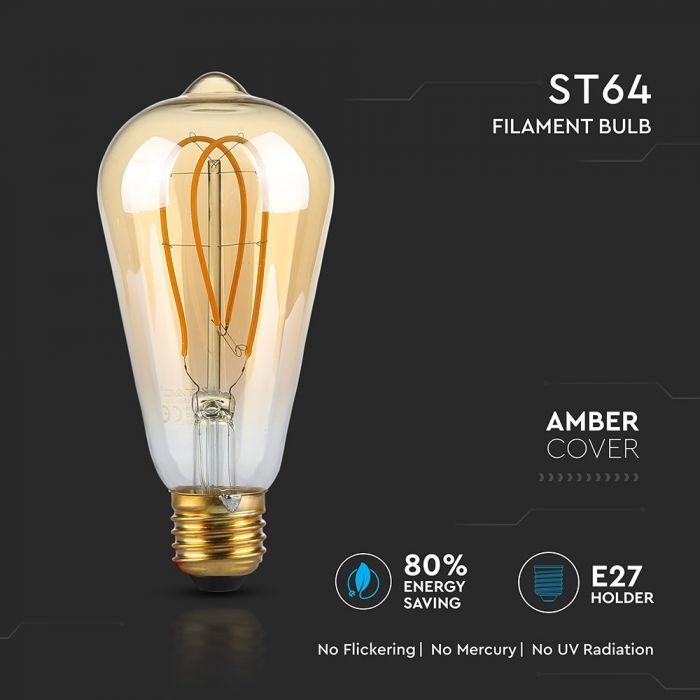 E27 4.8W(300Lm) LED-lambi hõõgniit AMBER, ST64, V-TAC, soe valge valgus 1800K