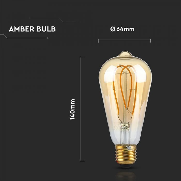 E27 4.8W(300Lm) LED Spuldze Filament AMBER, ST64, V-TAC, silti balta gaisma 1800K