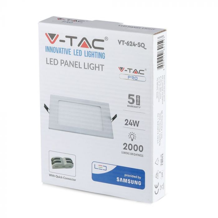 24W(2000Lm) LED panelis iebūvējams kvadrāta, V-TAC SAMSUNG, garantija 5 gadi, IP20, auksti balta gaisma 6400K, komplektā ar barošanās bloku