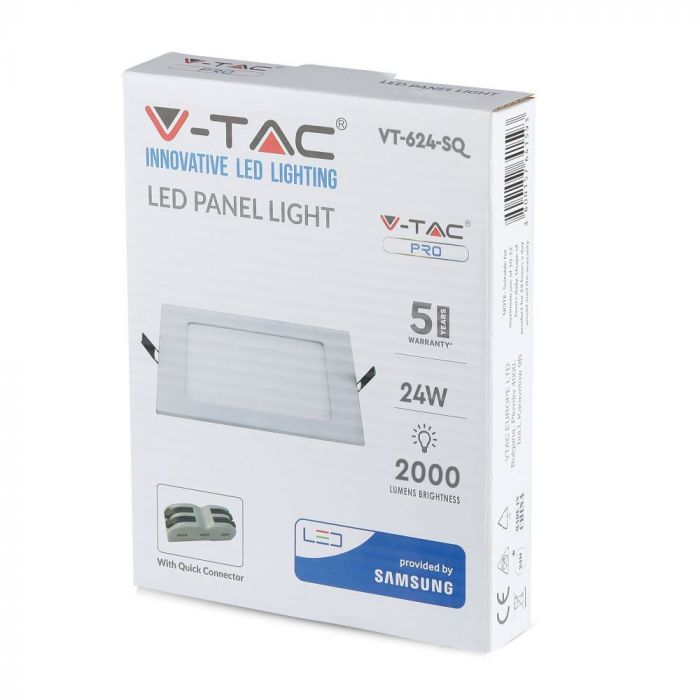 24W (2000Lm) LED paneel süvistatav ruut, V-TAC SAMSUNG, 5 aastat garantiid, IP20, 6400K külmvalge valgus, koos toiteplokiga.