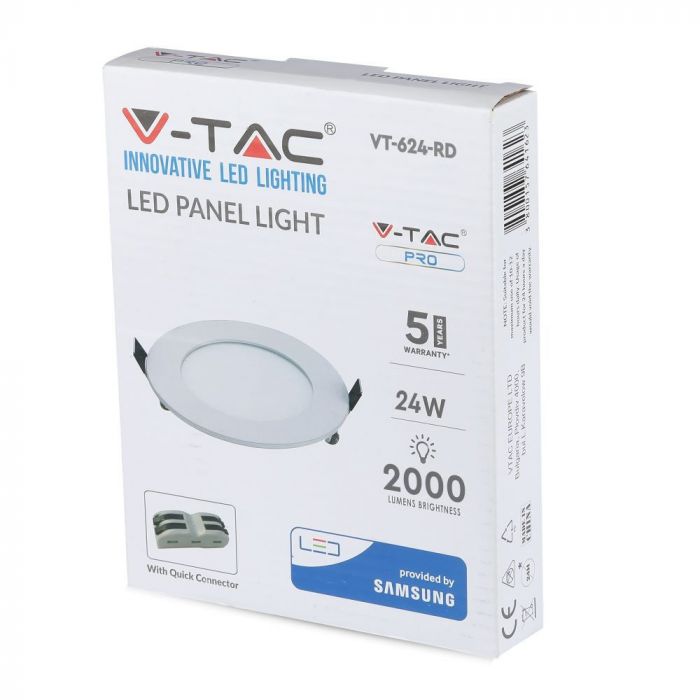 24W (2000Lm) LED paneel süvistatav ümmargune, V-TAC SAMSUNG CHIP, 5 aastat garantiid, IP20, soe valge valgus 3000K, koos toiteplokiga.