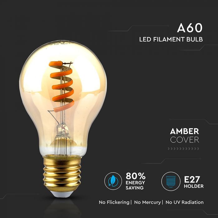 E27 4W(220Lm) LED лампа Filament Amber, A60, V-TAC, теплый белый свет 1800K