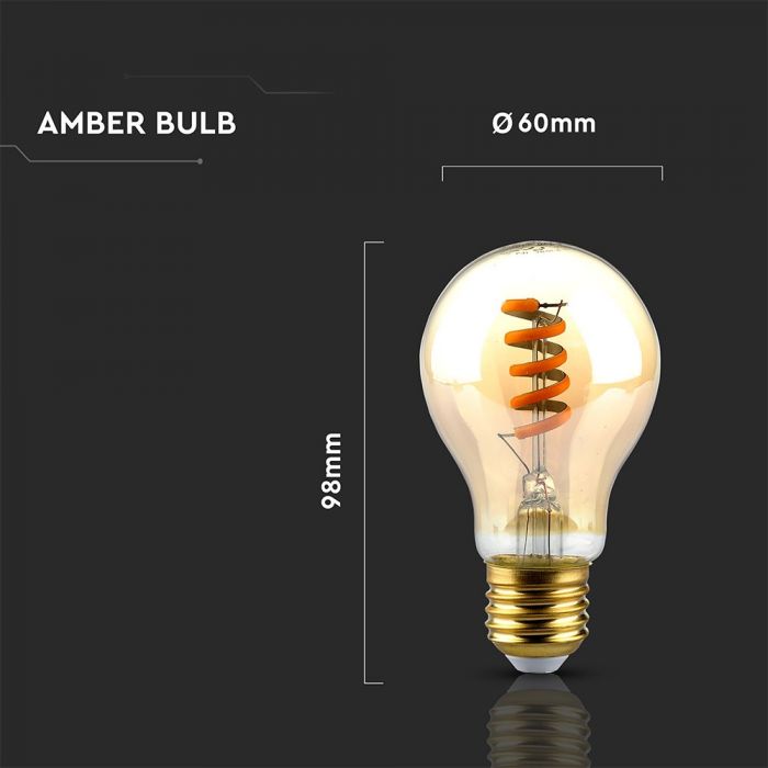E27 4W(220Lm) LED лампа Filament Amber, A60, V-TAC, теплый белый свет 1800K