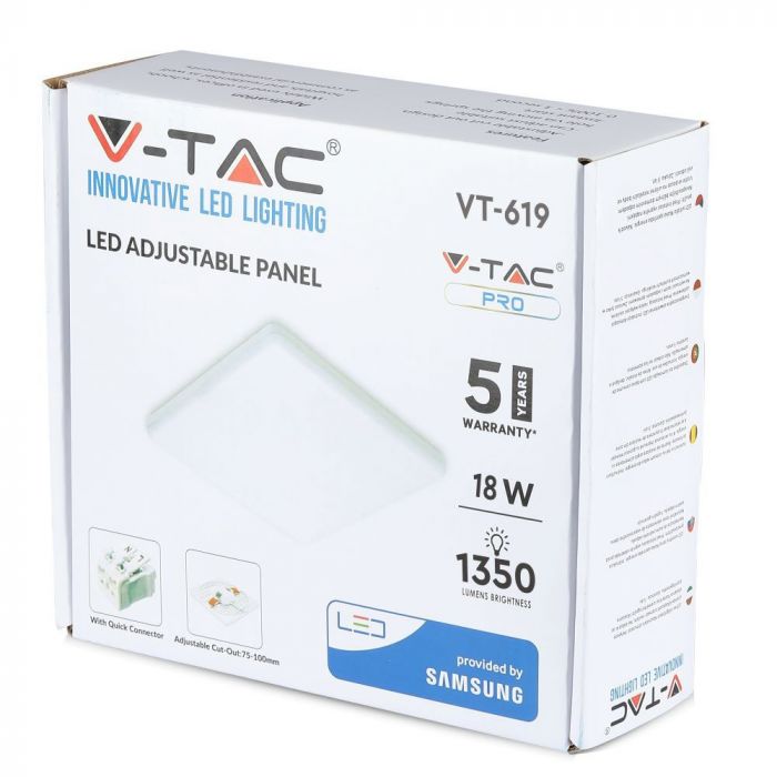18W(1350Lm) square built-in LED panel, V-TAC SAMSUNG CHIP, IP20, warranty 5 years, warm white light 3000K, complete with power supply unit