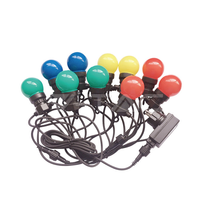 5m LED RGBY string with 10x 0.5W colored built-in bulbs, waterproof IP44, distance between lights 0.5m x10, the string starts with a 100-240V plug and ends with a rosette, 2 strings can be connected in series, 0.67kg, 300Lm light output