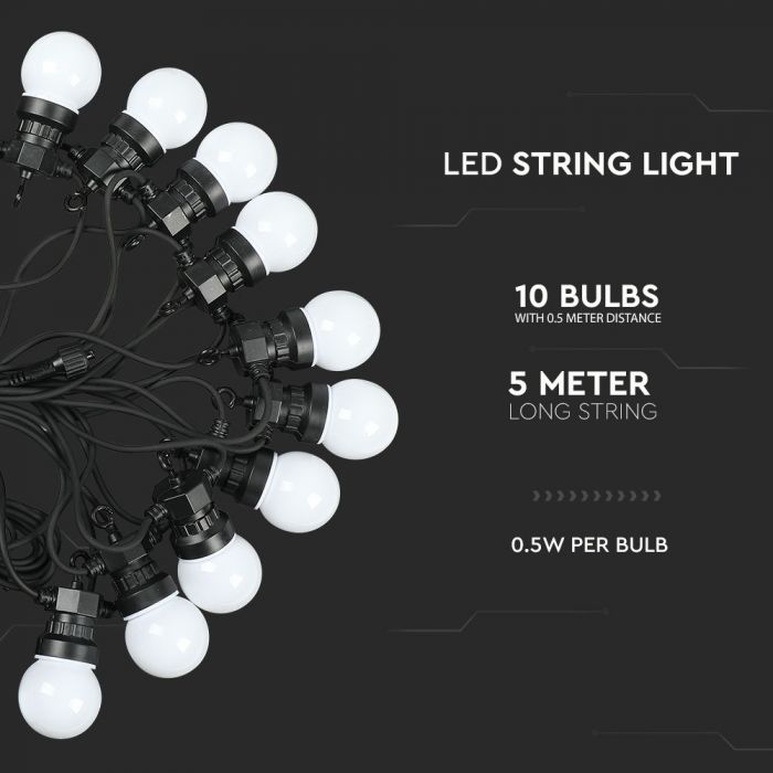 5m LED RGBY string with 10x 0.5W colored built-in bulbs, waterproof IP44, distance between lights 0.5m x10, the string starts with a 100-240V plug and ends with a rosette, 2 strings can be connected in series, 0.67kg, 300Lm light output