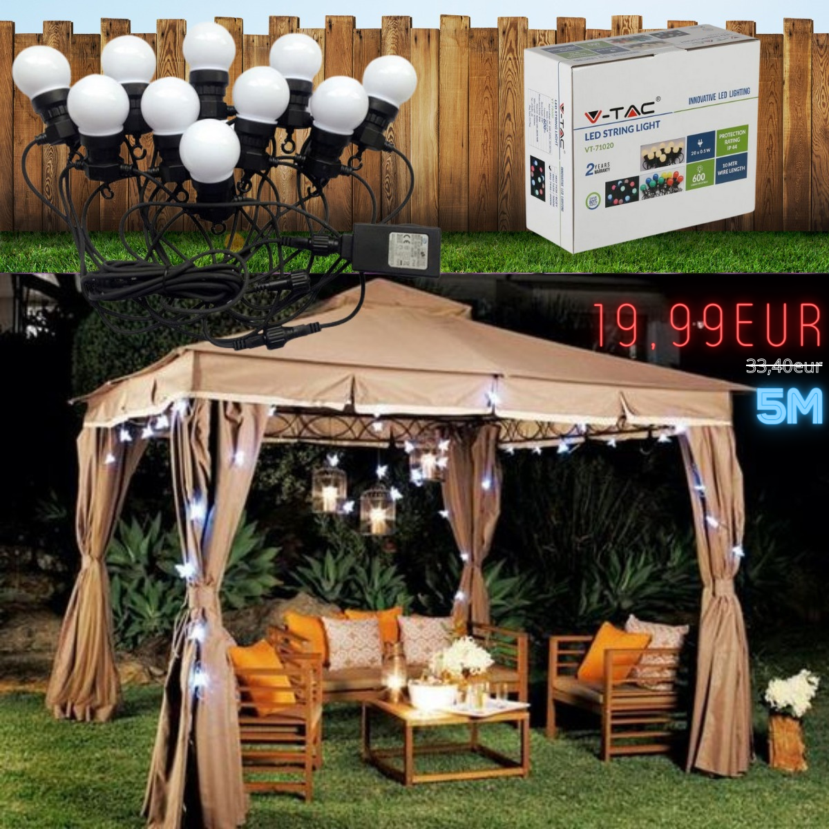 5 m LED virtene ar 10 iebūvētām matētām spuldzēm 0.5W ik pēc 0.5 m, V-TAC, IP44, auksti balta gaisma 6000K