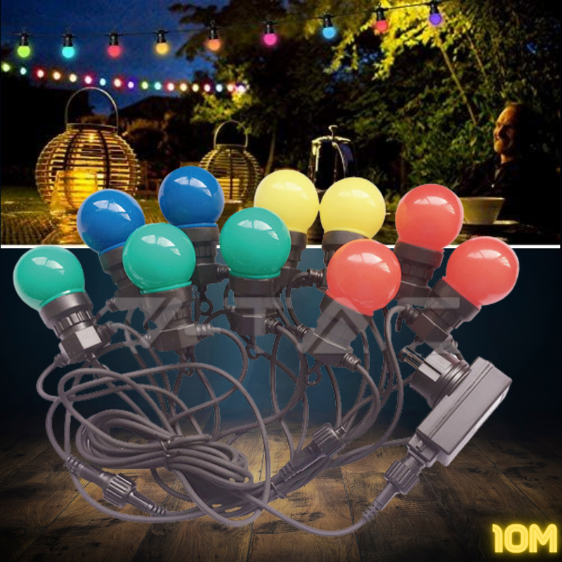 10m LED RGBY string with 20x 0.5W colored built-in bulbs, waterproof IP44, distance between lights 0.5m x20, the string starts with a 100-240V plug and ends with a rosette, 1.11kg, 600Lm light output