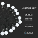 10m LED RGBY virtene ar 20x 0.5W krāsainām iebūvētām spuldzēm,ūdensdroša IP44, attālums starp gaismekļiem 0.5m x20, virtene sākas ar 100-240V kontaktdakšu un beidzas ar rozeti, 1.11kg, 600Lm gaismas atdeve
