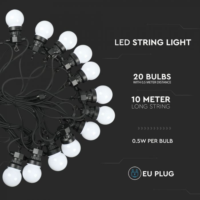 10m LED RGBY virtene ar 20x 0.5W krāsainām iebūvētām spuldzēm,ūdensdroša IP44, attālums starp gaismekļiem 0.5m x20, virtene sākas ar 100-240V kontaktdakšu un beidzas ar rozeti, 1.11kg, 600Lm gaismas atdeve