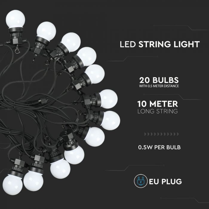 10m LED RGBY string with 20x 0.5W colored built-in bulbs, waterproof IP44, distance between lights 0.5m x20, the string starts with a 100-240V plug and ends with a rosette, 1.11kg, 600Lm light output