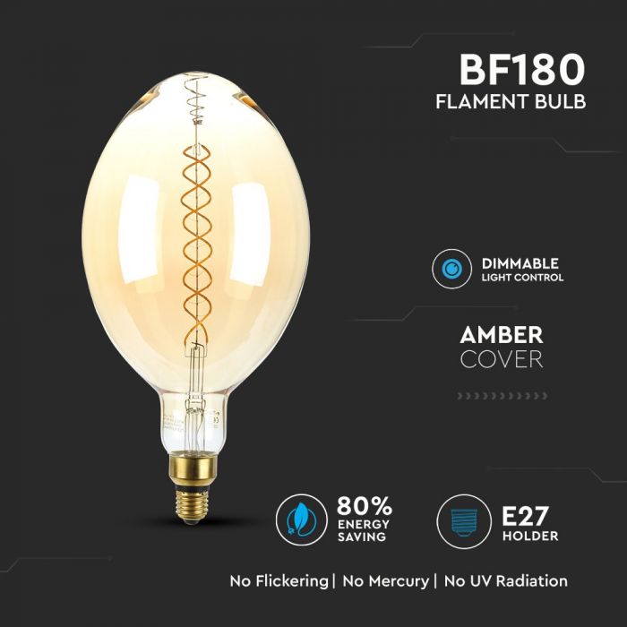 E27 8W(500Lm) LED Bulb Filament, dimmable, BF180, V-TAC, warm white light 2000K