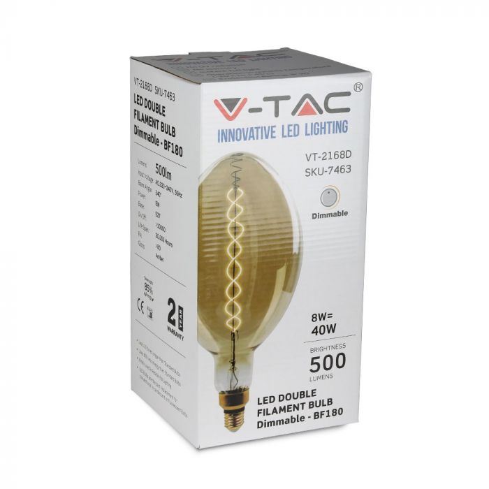 E27 8W(500Lm) LED Bulb Filament, dimmable, BF180, V-TAC, warm white light 2000K