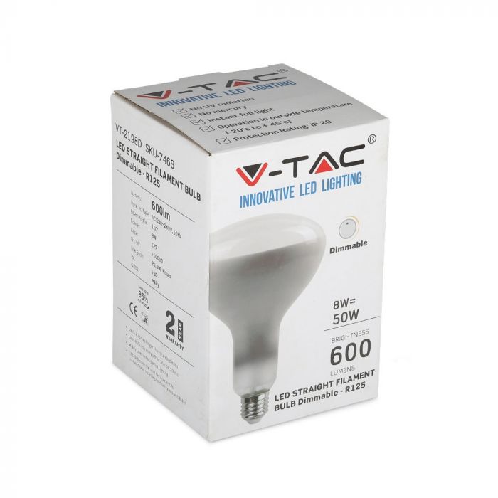 E27 8W(600Lm) LED Bulb Filament, dimmable, R125, V-TAC, cold white light 6500K