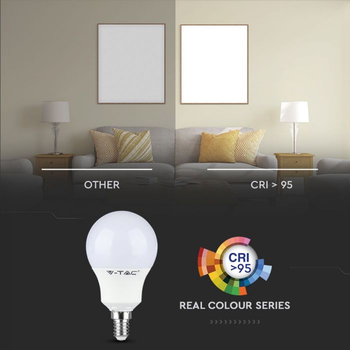 E14 5.5W(470Lm) LED Spuldze, P45, IP20, CRI>95, V-TAC, silti balta gaisma 2700K