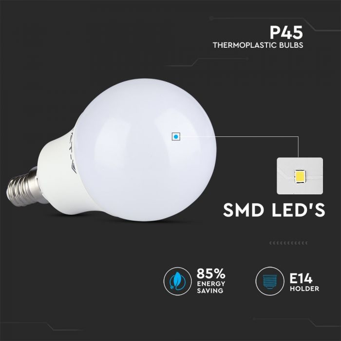E14 5.5W(470Lm) LED Spuldze, P45, IP20, CRI>95, V-TAC, silti balta gaisma 2700K