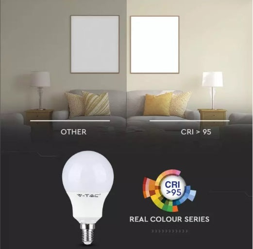 E14 5.5W(470Lm) LED-lambi, P45, IP20, CRI>95, V-TAC, jahea valge 6400K