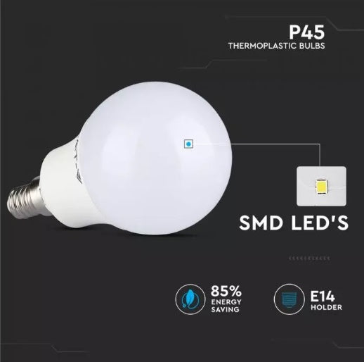 E14 5.5W(470Lm) LED Spuldze, P45, IP20, CRI>95, V-TAC, auksti balta gaisma 6400K