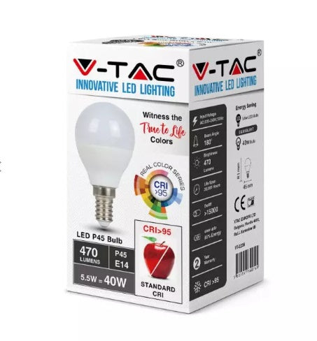 E14 5.5W(470Lm) LED-lambi, P45, IP20, CRI>95, V-TAC, jahea valge 6400K