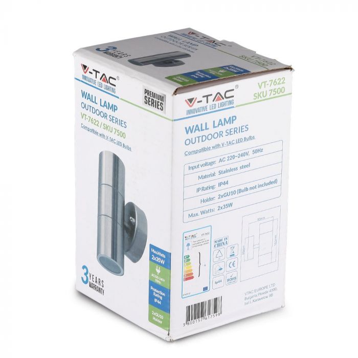 Facade lamp frame 2xGU10, two-way, stainless steel, tempered glass, IP44, V-TAC