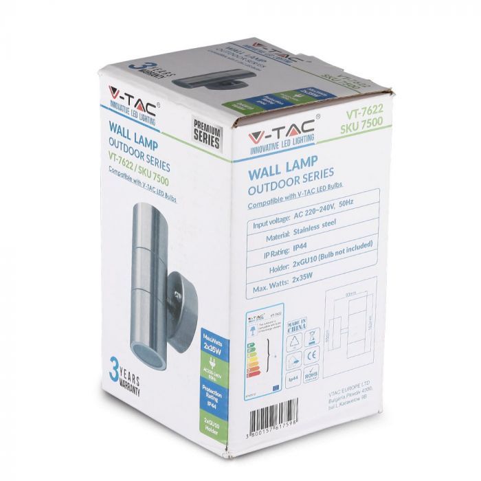 ACTION_V-TAC Fassaadilambi raam 2xGU10 LED-pirnidega (pirnid ei kuulu komplekti), MAX 2x35W, IP44