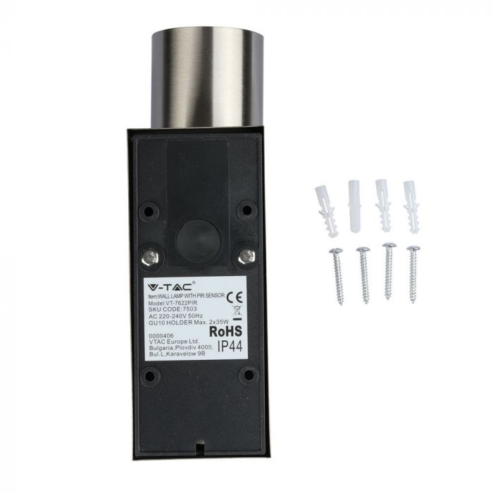 V-TAC Facade lampram med PIR-sensor och 2xGU10 LED-lampor (glödlampor ingår ej), rostfritt stål, IP44
