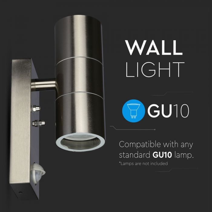 V-TAC Facade lampram med PIR-sensor och 2xGU10 LED-lampor (glödlampor ingår ej), rostfritt stål, IP44