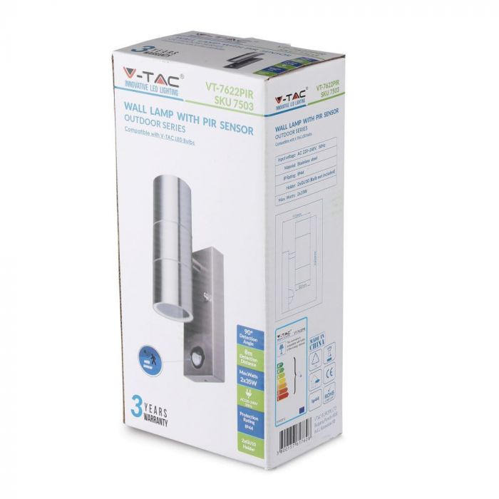 V-TAC Facade lampram med PIR-sensor och 2xGU10 LED-lampor (glödlampor ingår ej), rostfritt stål, IP44