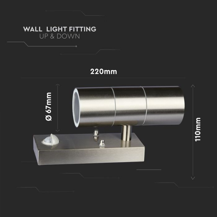 V-TAC Facade lampram med PIR-sensor och 2xGU10 LED-lampor (glödlampor ingår ej), rostfritt stål, IP44