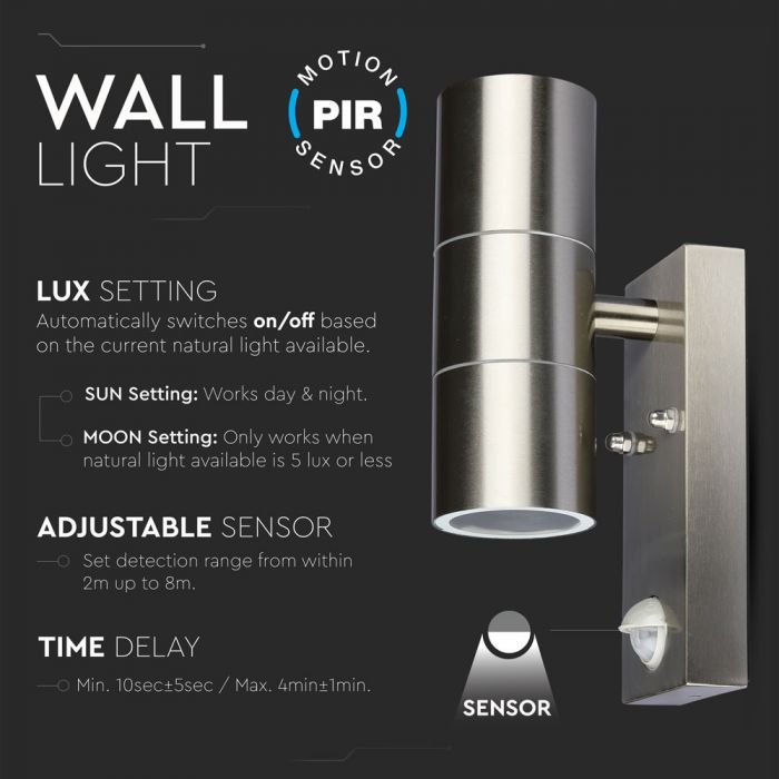 Facade lamp frame with motion sensor, two-way 2xGU10, stainless steel, tempered glass, IP44, V-TAC