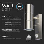 V-TAC Facade lampram med PIR-sensor och 2xGU10 LED-lampor (glödlampor ingår ej), rostfritt stål, IP44