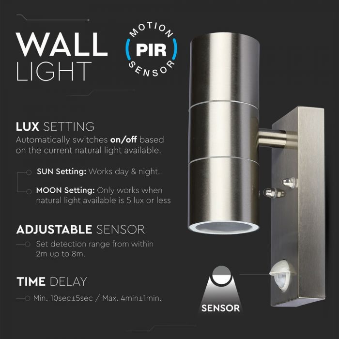 V-TAC Facade lampram med PIR-sensor och 2xGU10 LED-lampor (glödlampor ingår ej), rostfritt stål, IP44