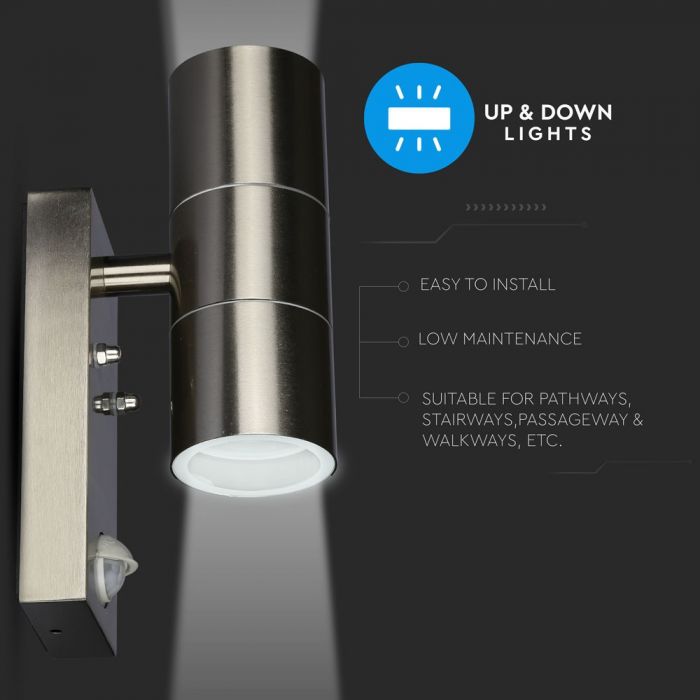 V-TAC Facade lampram med PIR-sensor och 2xGU10 LED-lampor (glödlampor ingår ej), rostfritt stål, IP44