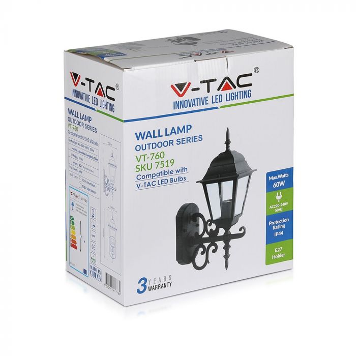 V-TAC Fasādes lampas karkass ar 1xE27 LED spuldzi (spuldze nav iekļauta), spuldze vērsta uz augšu, melns, IP44, V-TAC
