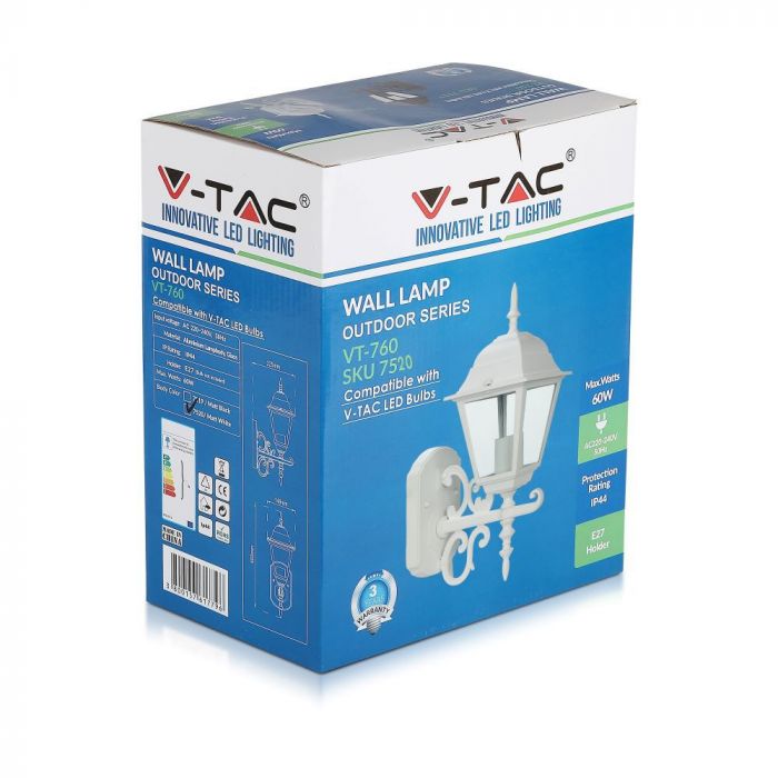 V-TAC Fasādes lampas karkass ar 1xE27 LED spuldzi (spuldze nav iekļauta), spuldze vērsta uz augšu, balta, IP44, V-TAC