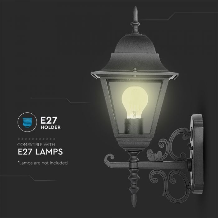 V-TAC fassaadilambi raam 1xE27 LED-pirniga (pirn ei kuulu komplekti), pirn suunaga ülespoole, must, IP44