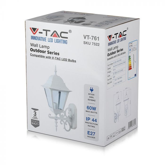V-TAC Fasadlampram med 1xE27 LED-lampa (glödlampa ingår ej), lampan vänd uppåt, vit, IP44