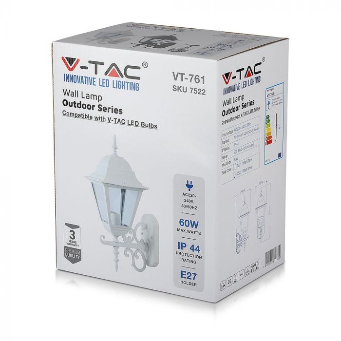 V-TAC Fasādes lampas karkass ar 1xE27 LED spuldzi (spuldze nav iekļauta), spuldze vērsta uz augšu, balts, IP44