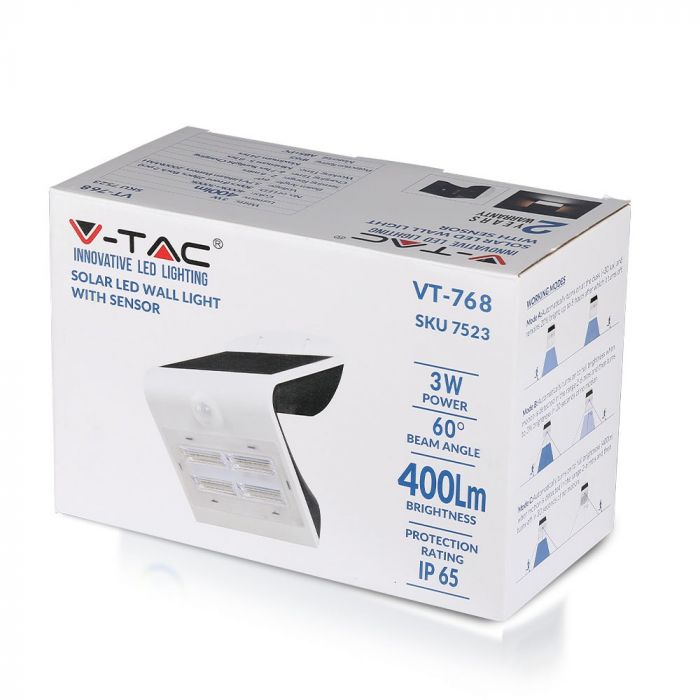 3W(500Lm) LED-solarmatur med litiumbatteri, IP65, vit, V-TAC
