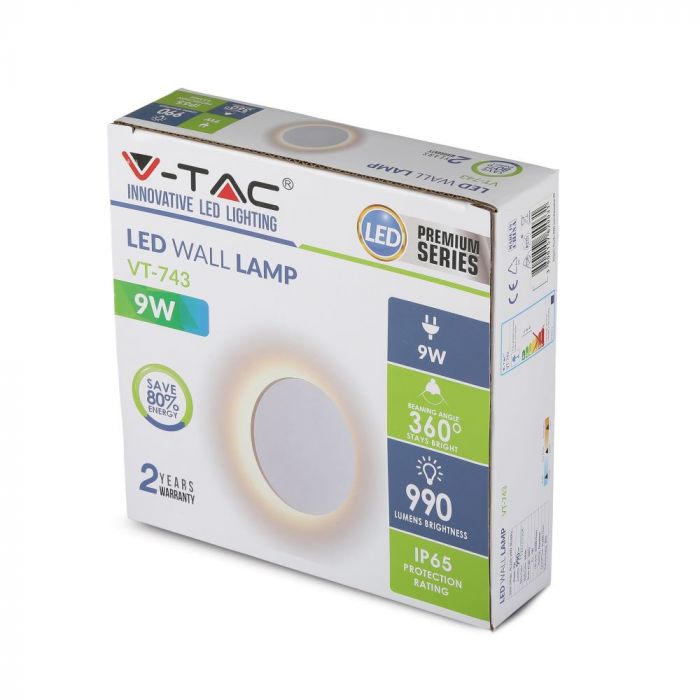 9W(990Lm) LED Fasādes gaismeklis, apaļš, IP65, alumīnija, V-TAC, silti balta gaisma 3000K