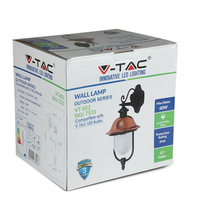 Facade lamp frame for E27 bulb, bulb facing down, IP44, V-TAC