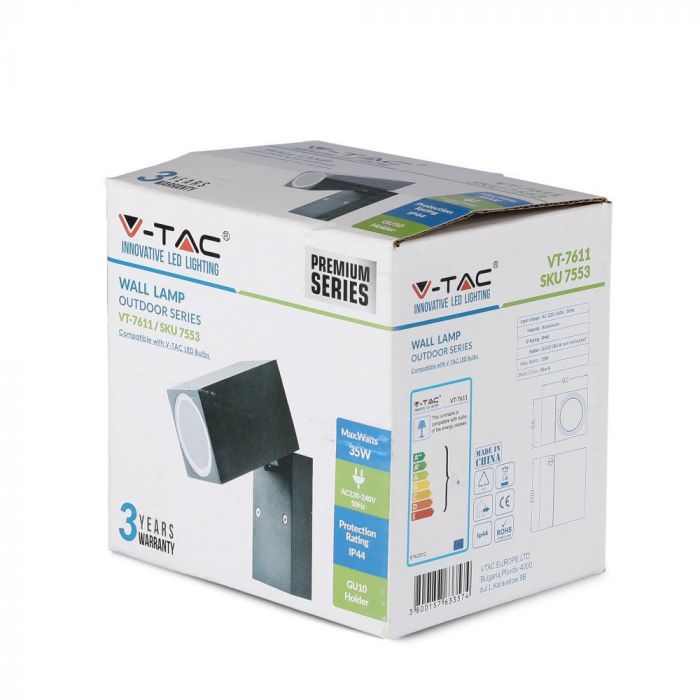 Рамка для фасадного светильника V-TAC с лампой 1xGU10LED (лампа в комплект не входит), темно-серый, регулируемый угол, P44