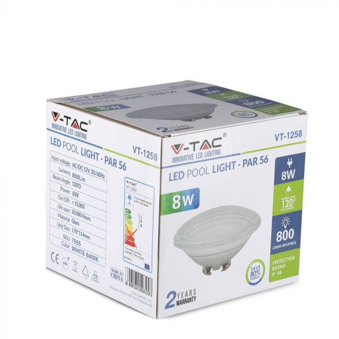 8W(800Lm) 12V LED basseinivalgusti, V-TAC, IP68, PAR56, SININE