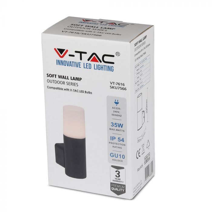 V-TAC Fasadlampram med 1xGU10 LED-lampa (glödlampa ingår ej)i, svart, IP54