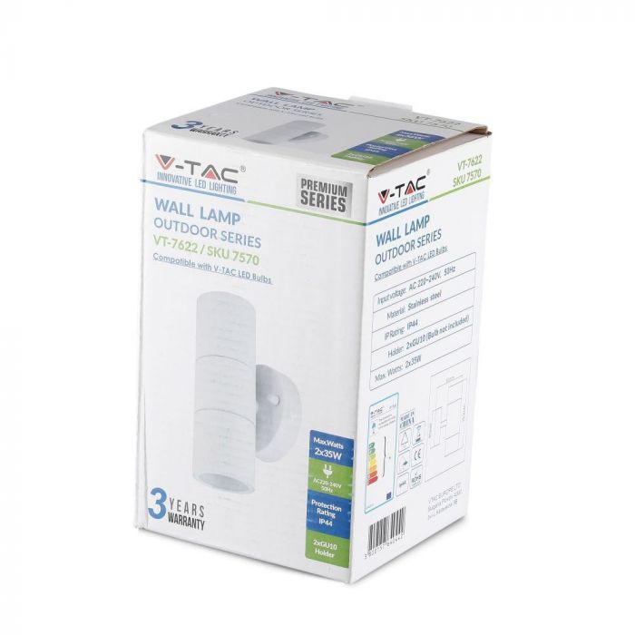 V-TAC Facade lampram med 2xGU10 LED-lampor (glödlampor ingår ej), vit, IP44