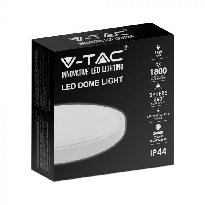 18W(1800Lm) LED kuppelvalgusti, V-TAC, IP44, ümmargune, valge, soe valge valgus 3000K