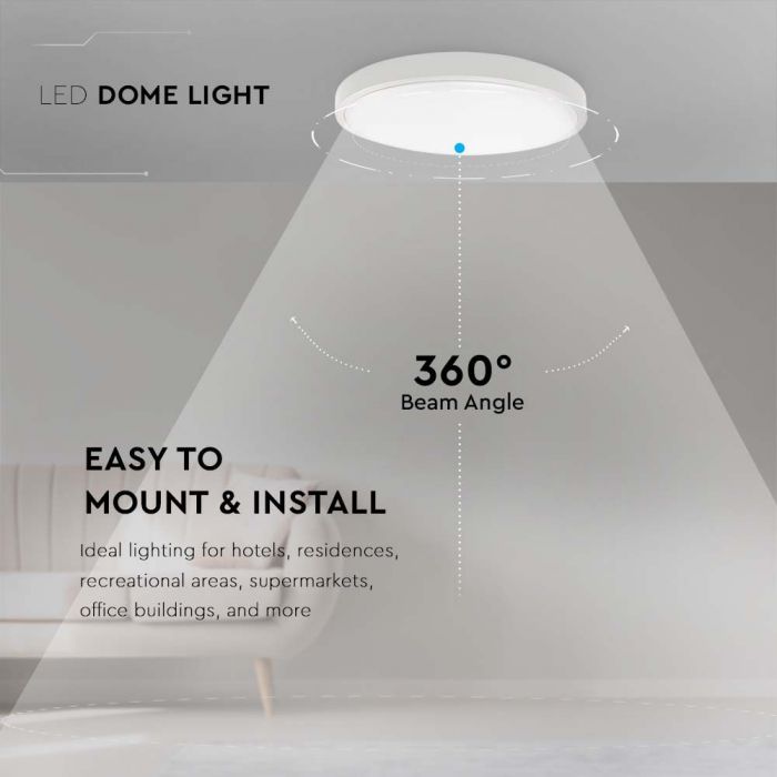 Купольный светодиодный светильник 30W(3000Lm), V-TAC, IP44, круглый, белый, теплый белый свет 3000K
